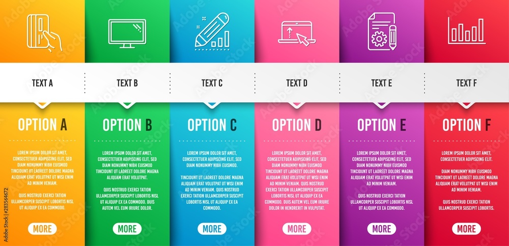 Poster documentation, monitor and edit statistics line icons set. infographic timeline. payment card, swipe