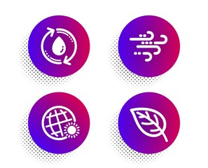 World weather, Refill water and Windy weather icons simple set. Halftone dots button. Leaf sign. Sunny, Recycle aqua, Wind. Environmental. Nature set. Classic flat world weather icon. Vector