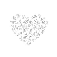 Vector pattern of leaves in the style of doodle. a drawing by hand in the shape of a heart.