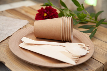 Disposable tableware from natural materials, wooden knife, spoon, fork, environmentally friendly. Ecological dishes in nature. Place for text.
