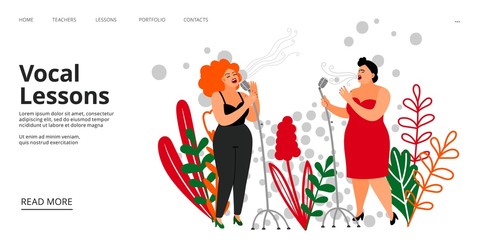 Vocal lessons landing page. Vector singing school web page template. Musicians, singers illustration. Music vocal school, performance musical sing