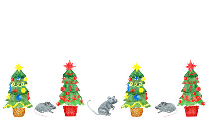 Watercolor hand painted new year composition banner with four green christmas trees and gray mouses with red, yellow and blue christmas decoration with the space for text