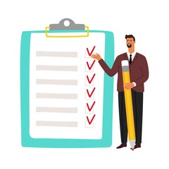 Businessman and checklist. Man holding pencil and to do list. Business time management, examination vector illustration. Check clipboard, business tick