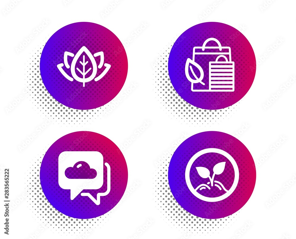 Poster organic tested, weather forecast and bio shopping icons simple set. halftone dots button. startup si