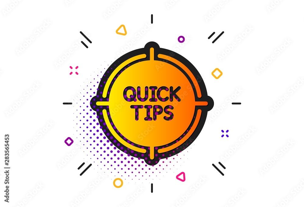 Poster helpful tricks target sign. halftone circles pattern. quick tips aim icon. classic flat tips icon. v