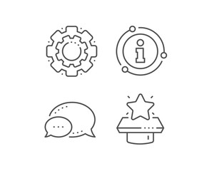 Winner podium line icon. Chat bubble, info sign elements. First place sign. Best rank star symbol. Linear winner podium outline icon. Information bubble. Vector