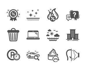 Set of Business icons, such as Travel sea, Discount, Face id, Clean skin, Question mark, Trash bin, Laptop, Parking time, University campus, Uv protection, Hot loan, Search car. Vector