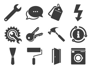 Obraz premium Electricity, keys and hammer signs. Discount offer tag, chat, info icon. Repair, construction icons. Door, washing machine and service symbols. Classic style signs set. Vector