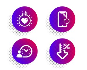 Time management, Smartphone recovery and Love icons simple set. Halftone dots button. Low percent sign. Work time, Phone repair, Heart. Discount. Business set. Vector