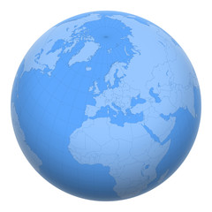 Monaco on the globe. Earth centered at the location of the Principality of Monaco. Map of Monaco. Includes layer with capital cities.