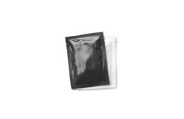 Blank black and white sachet packet stack mockup, isolated, 3d rendering. Empty rectangular parcel with shampoo mock up, top view. Clear pile of disposable condiment or tea template.