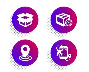 Open box, Location and Delivery timer icons simple set. Halftone dots button. Flight destination sign. Delivery package, Map pointer, Express logistics. Airplane trip. Transportation set. Vector