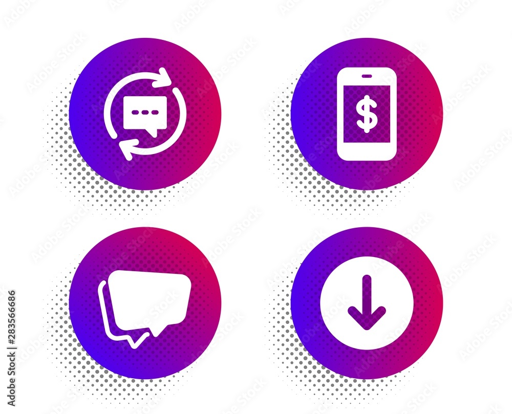 Fototapete update comments, speech bubble and smartphone payment icons simple set. halftone dots button. scroll