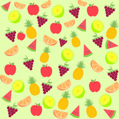 Seamless pattern with lemon, slice orange, apple, pineapple and juicy watermelon on a pastel green background.