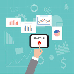 start up button The concept of starting a business. vector.gears and development icons.