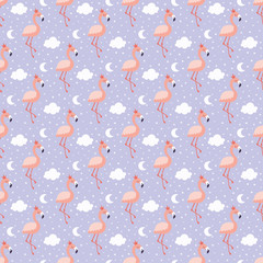 Seamless pattern with flamingo and clouds