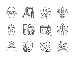 Set of Healthcare icons, such as Face verified, Uv protection, Medical calendar, Fair trade, Face recognition, Hospital nurse, Medical analyzes, Plants watering, Leaf dew, Grow plant. Vector