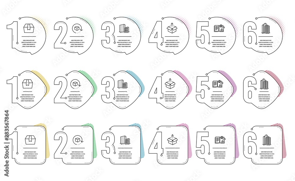 Aufkleber return package, engineering documentation and package box line icons set. infographic timeline. skys