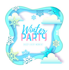 Winter party typography poster with snowflakes and clouds. Cut out paper art style design