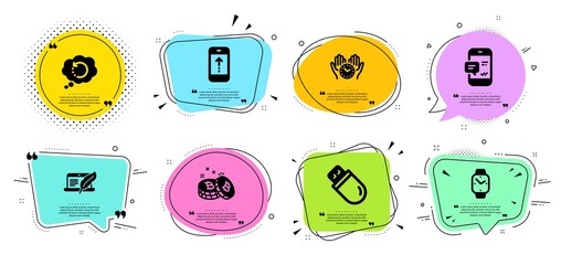 Safe time, Usb stick and Recovery data line icons set. Chat bubbles with quotes. Bitcoin, Copyright laptop and Swipe up signs. Smartphone notification, Smartwatch symbols. Vector