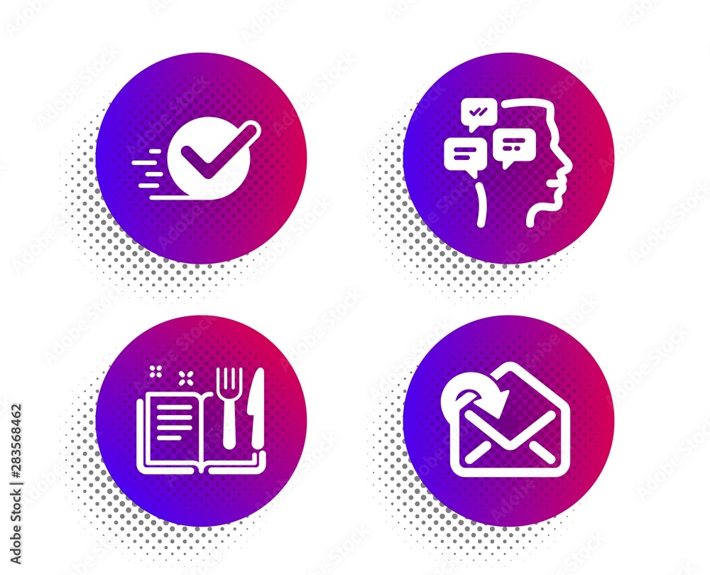 Poster recipe book, checkbox and messages icons simple set. halftone dots button. receive mail sign. food, 