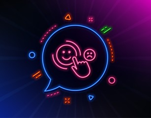 Customer satisfaction line icon. Neon laser lights. Positive feedback sign. Smile symbol. Glow laser speech bubble. Neon lights chat bubble. Banner badge with customer satisfaction icon. Vector