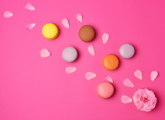 multi-colored macarons with cream and a pink rose bud with scattered petals