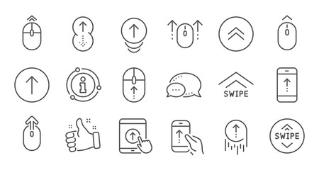 Swipe up line icons. Scrolling mouse, landing page swipe signs. Scroll up mobile device technology icons. Website scroll navigation. Linear set. Quality line set. Vector