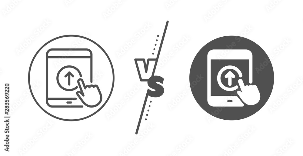 Poster scrolling arrow sign. versus concept. swipe up tablet pc line icon. landing page scroll symbol. line