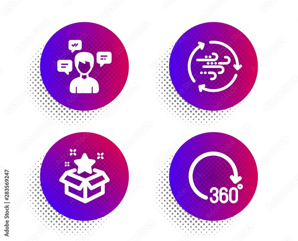 Poster wind energy, loyalty program and conversation messages icons simple set. halftone dots button. 360 d