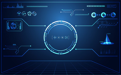 abstract technology ui futuristic map hud interface hologram elements of digital data chart, communication, computing and circle percent vitality innovation on hi tech future design background