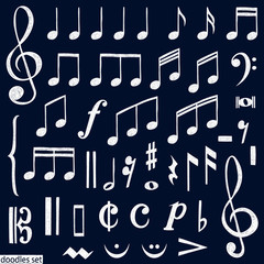 Music notes doodles set.  Treble clef. Hand drawn detailed sketch. G-clef. Scribbles collection. Piano. Organ. Symphony. Melody. Classic music.