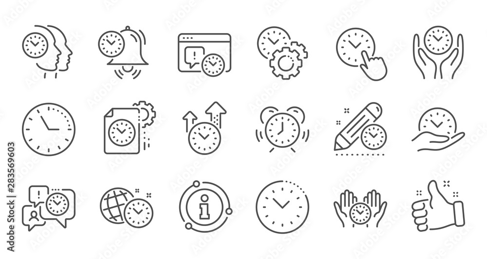 Poster time management line icons. alarm clock, timer plan and project deadline signs. countdown clock and 