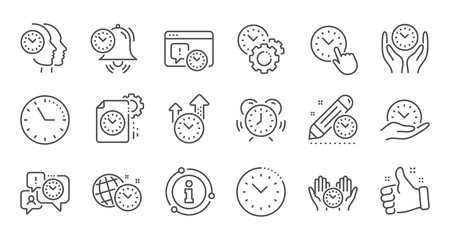 Time management line icons. Alarm clock, timer plan and project deadline signs. Countdown clock and appointment reminder icons. Linear set. Quality line set. Vector