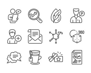 Set of Business icons, such as Chemical formula, Hypoallergenic tested, Add person, Valet servant, Customer survey, Text message, Report document, Augmented reality, Tea, Mail newsletter. Vector