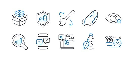 Set of Business icons, such as Seo analysis, Phone survey, Brazil nut, Water bottle, Packing boxes, Medical tablet, Farsightedness, Cooking spoon, Travel luggage, Quick tips line icons. Vector