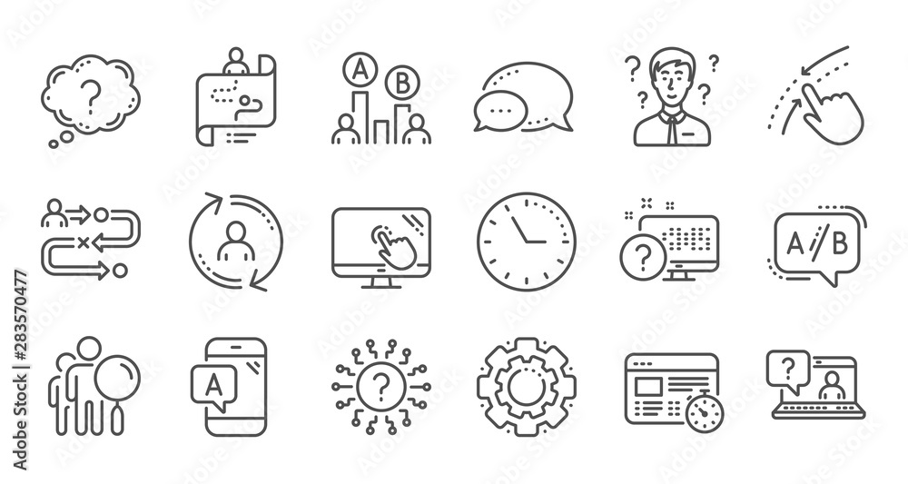 Poster ux line icons. ab testing, journey path map and question mark. quiz test linear icon set. quality li