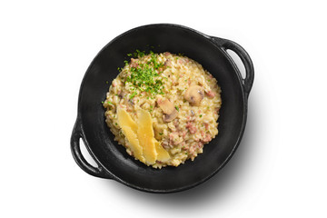 Traditional Italian pasta on black rustic pan