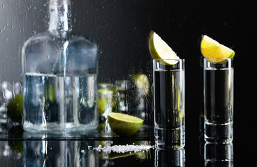 Glasses of tequila with lime and salt on the black reflective background.