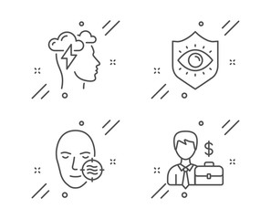 Eye protection, Problem skin and Mindfulness stress line icons set. Businessman case sign. Optometry, Facial care, Cloud storm. Human resources. People set. Line eye protection outline icon. Vector