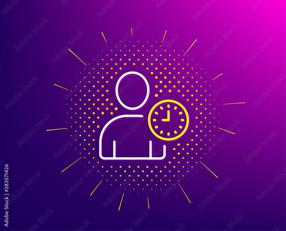 Poster user with clock line icon. halftone pattern. profile avatar with time sign. person silhouette symbol