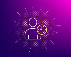 User with Clock line icon. Halftone pattern. Profile Avatar with Time sign. Person silhouette symbol. Gradient background. Time management line icon. Yellow halftone pattern. Vector