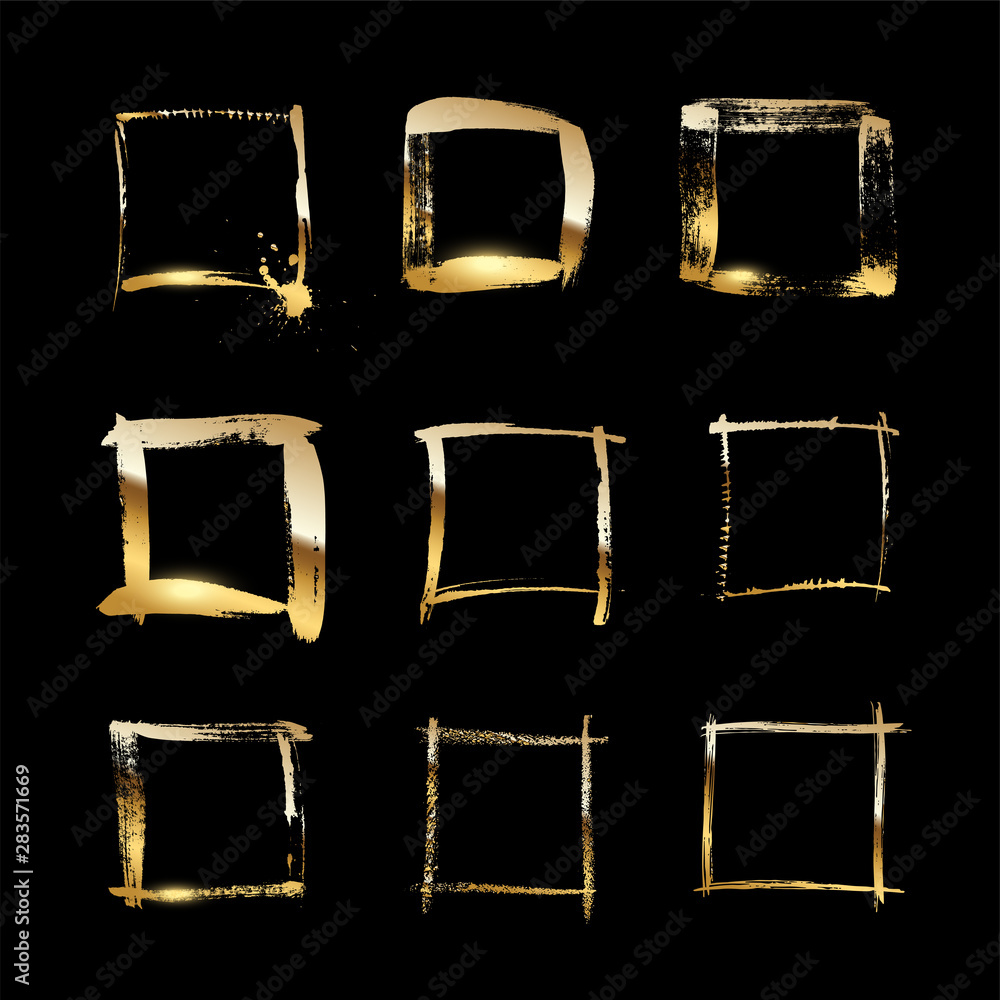 Poster golden square frames made of brush stroke isolated on black background. vector design elements set.