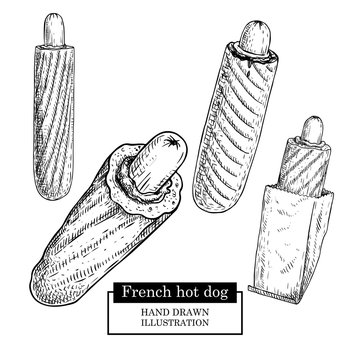 French Hot Dog Set. Grilled Sausage And Bun, Paper Package An Without. Fast Food. Hand Drawn Sketch Style Street Food Vector Illustrations Collection. Isolated On White Background.