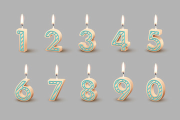 Fototapeta na wymiar Birthday candles with burning flames isolated on gray background. Vector design elements.