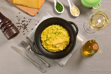 Traditional Italian pasta on black rustic pan