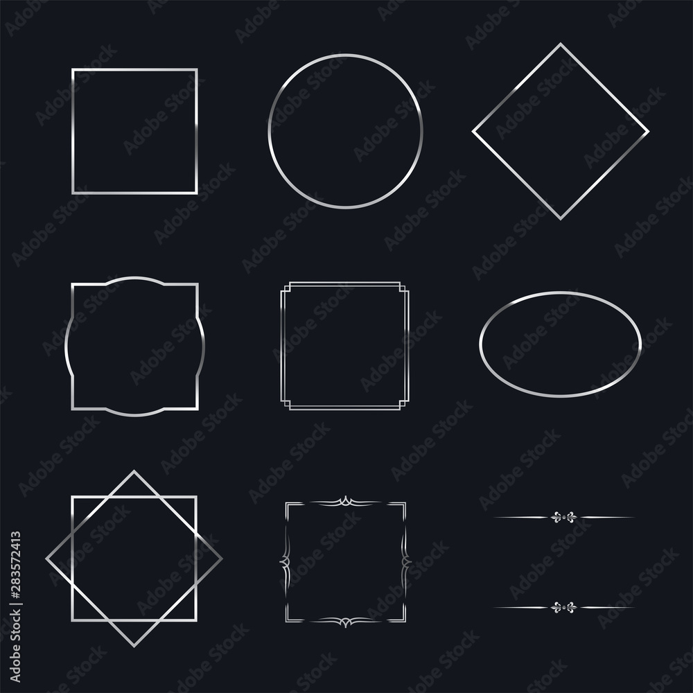 Poster silver shiny frames with shadows isolated on black background. vector chrome luxury realistic border