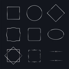 Silver shiny frames with shadows isolated on black background. Vector chrome luxury realistic border set.