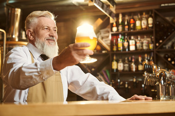 Cheerful man standing over bar and keeping glass of beer