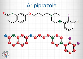 Aripiprazole, neurotransmitter, atypical antipsychotic drug  molecule. Structural chemical formula and molecule model. Sheet of paper in a cage